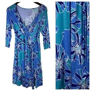 Liz Lange Maternity Dress Medium 8 10 Floral Blue Belted Stretch Career Shower
